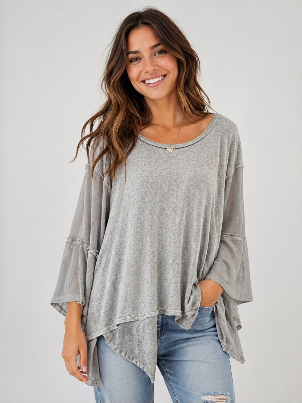 Free People Gray Oversized Boho Bell Sleeve Top Mesh Slouchy Raw Hem S